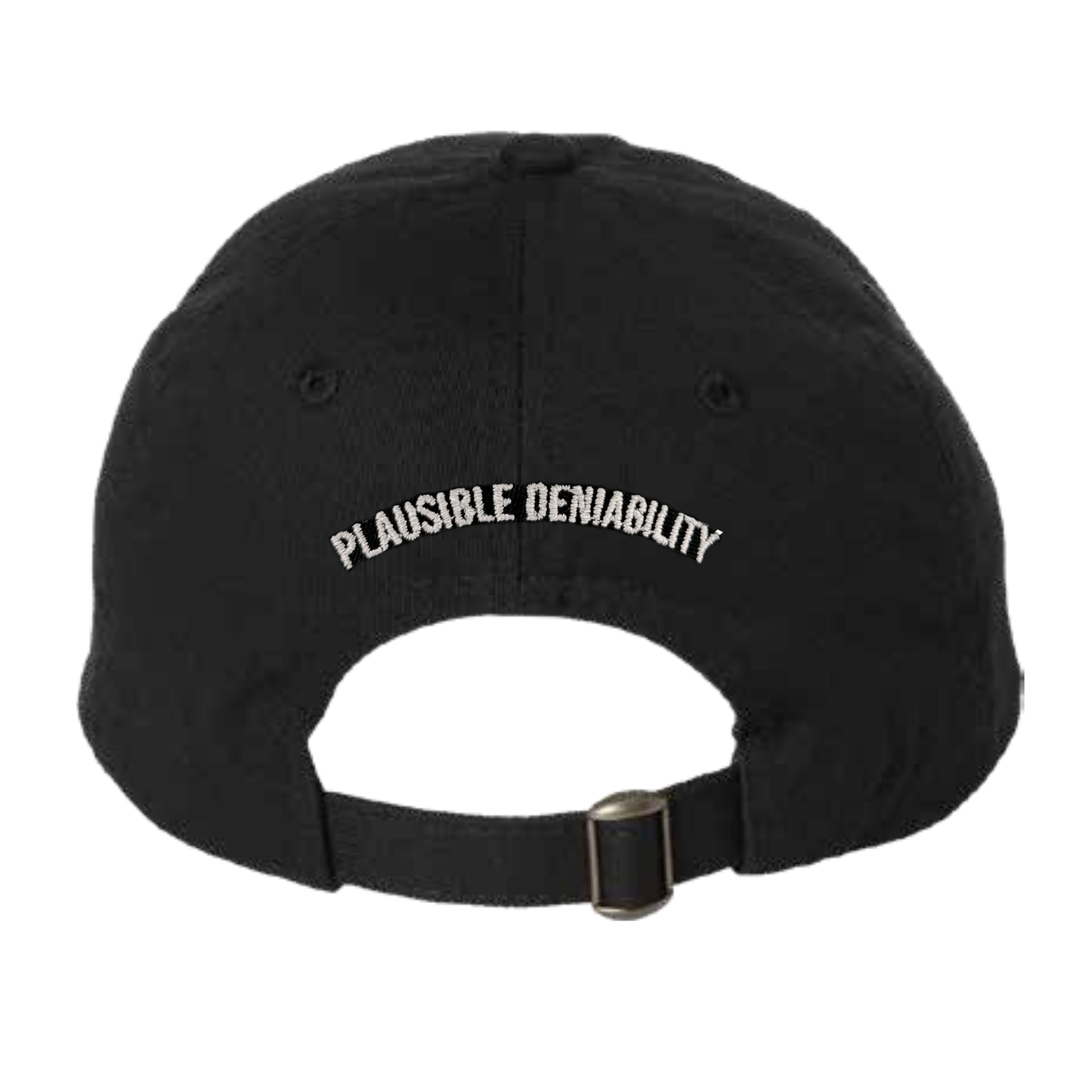 Black cap with 'PLAUSIBLE DENIABILITY' text on a white background