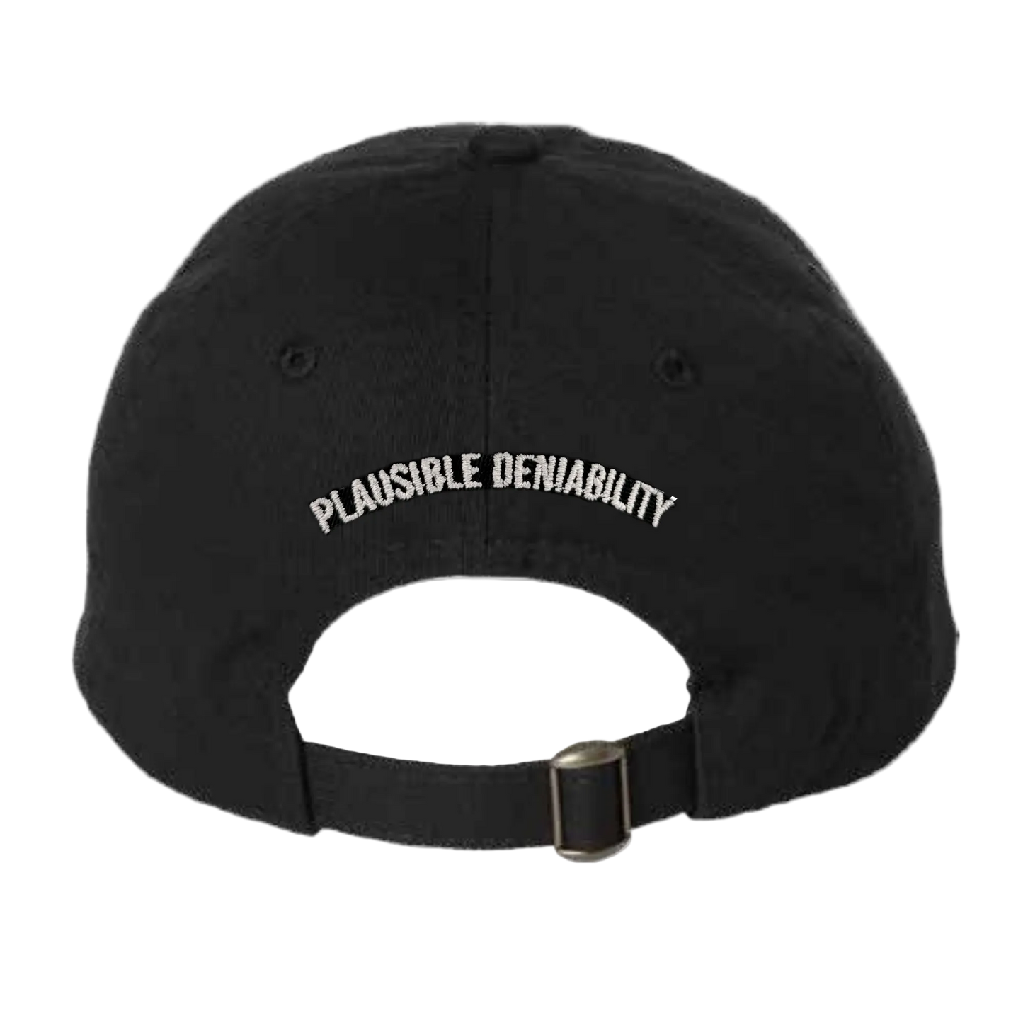 Black cap with 'PLAUSIBLE DENIABILITY' text on a white background