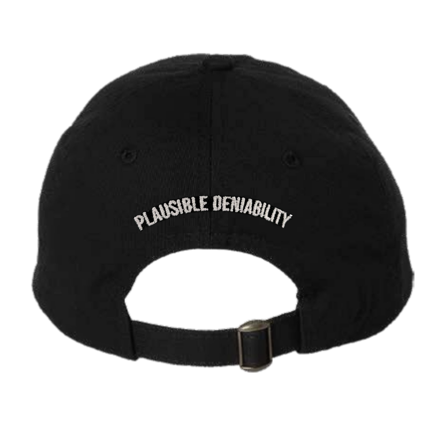 Black cap with 'PLAUSIBLE DENIABILITY' text on a white background