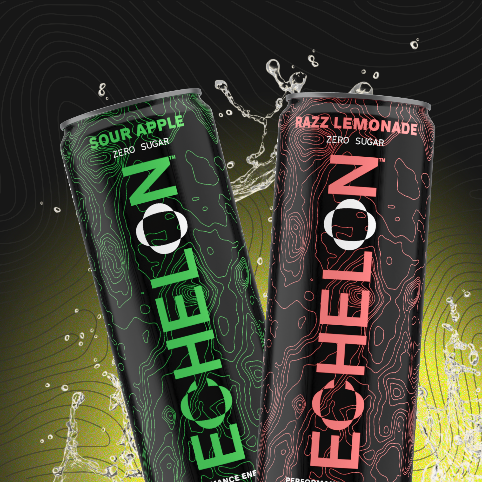 Two Echelon energy drink cans, Sour Apple and Razz Lemonade, shown against a dark background with yellow-green splash graphics.