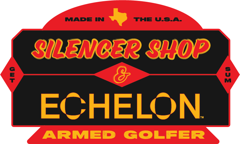 Logo for Silencer Shop & Echelon Armed Golfer with red, black, and yellow colors on a white background.