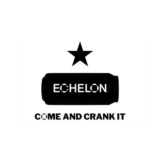 A depiction of a white 3" x 2" vinyl sticker. In black, there is a 5-pointed star atop a black silhouette of a can. The ECHELON logo is in white across the can. Beneath the can there is text that reads "Come and crank it."