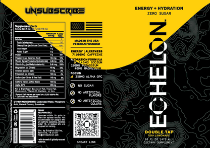 Supplement label for Echelon Double Tap with yellow and black design