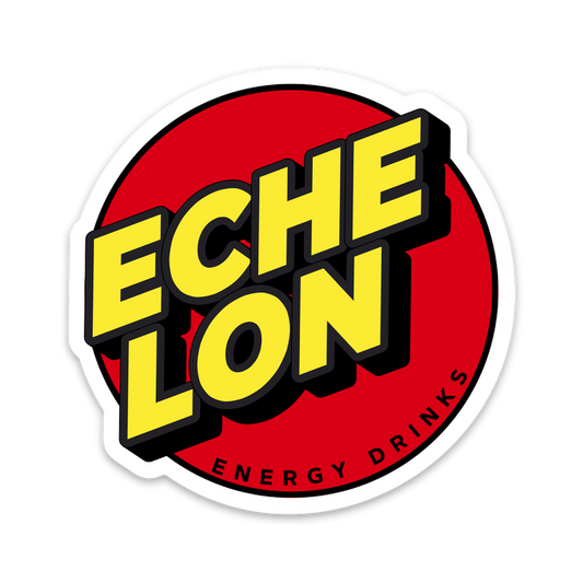 A mostly circular red sticker with ECHELON energy drinks in yellow and black written at a diagonal across the circle.
