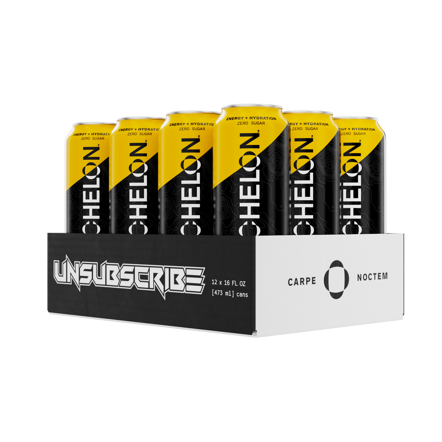 Box of Echelon Double Tap energy drinks in a black and white cardboard tray displaying the Unsubscribe Podcast logo.