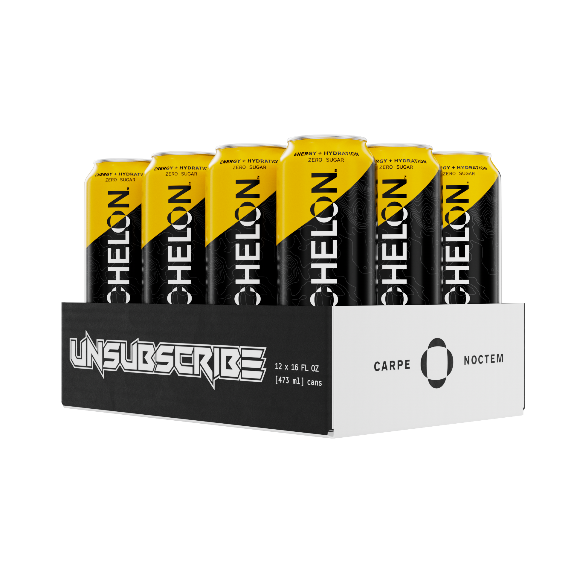 Box of Echelon Double Tap energy drinks in a black and white cardboard tray displaying the Unsubscribe Podcast logo.