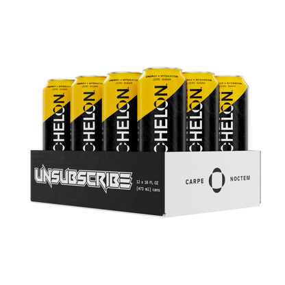 Box of Echelon Double Tap energy drinks in a black and white cardboard tray displaying the Unsubscribe Podcast logo.