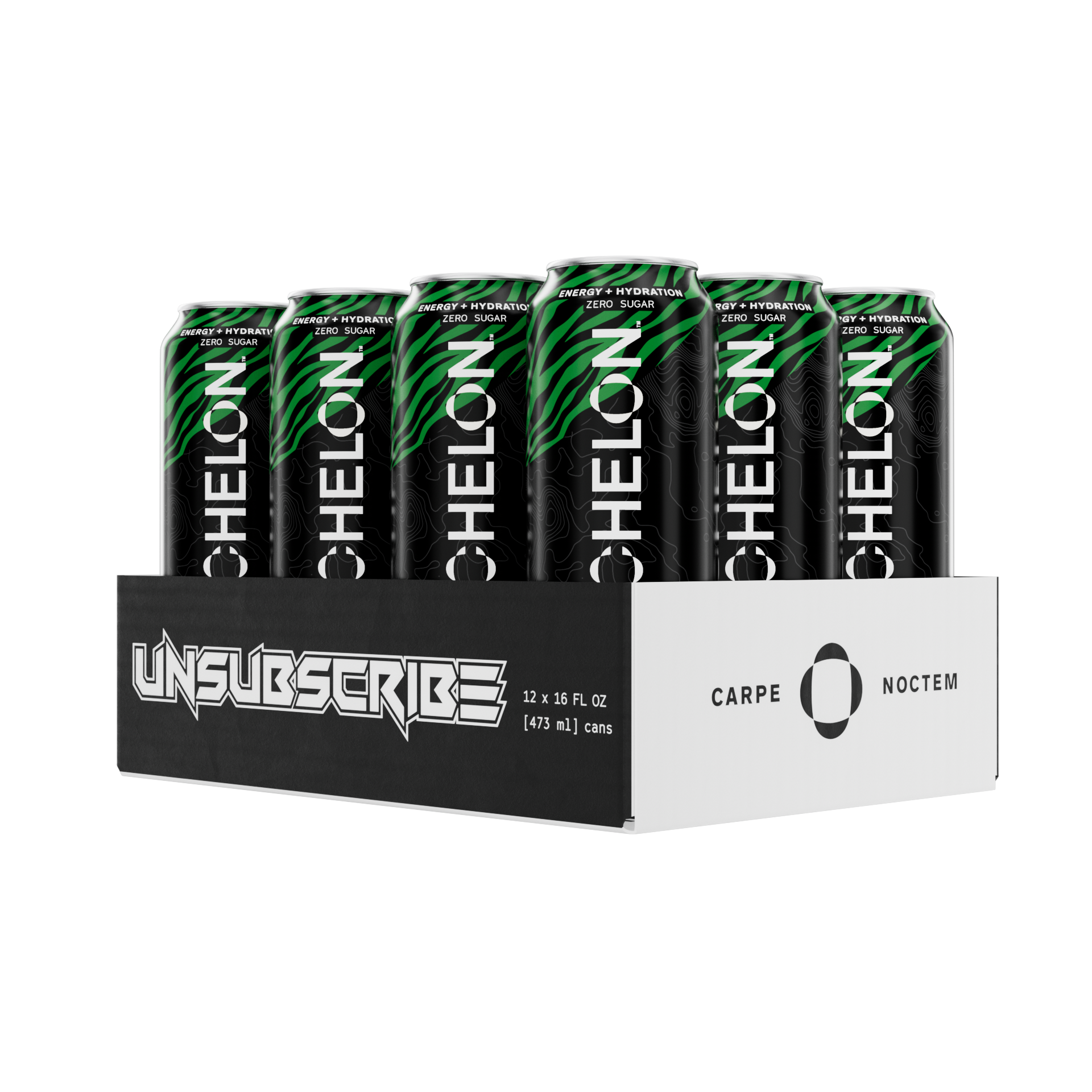 Box of Echelon Killer Apple energy drinks in a black and white cardboard tray displaying the Unsubscribe Podcast logo.