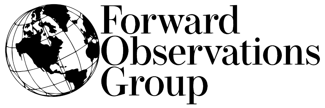 Black logo text reading 'Forward Observations Group' beside a black globe icon on a plain white background.
