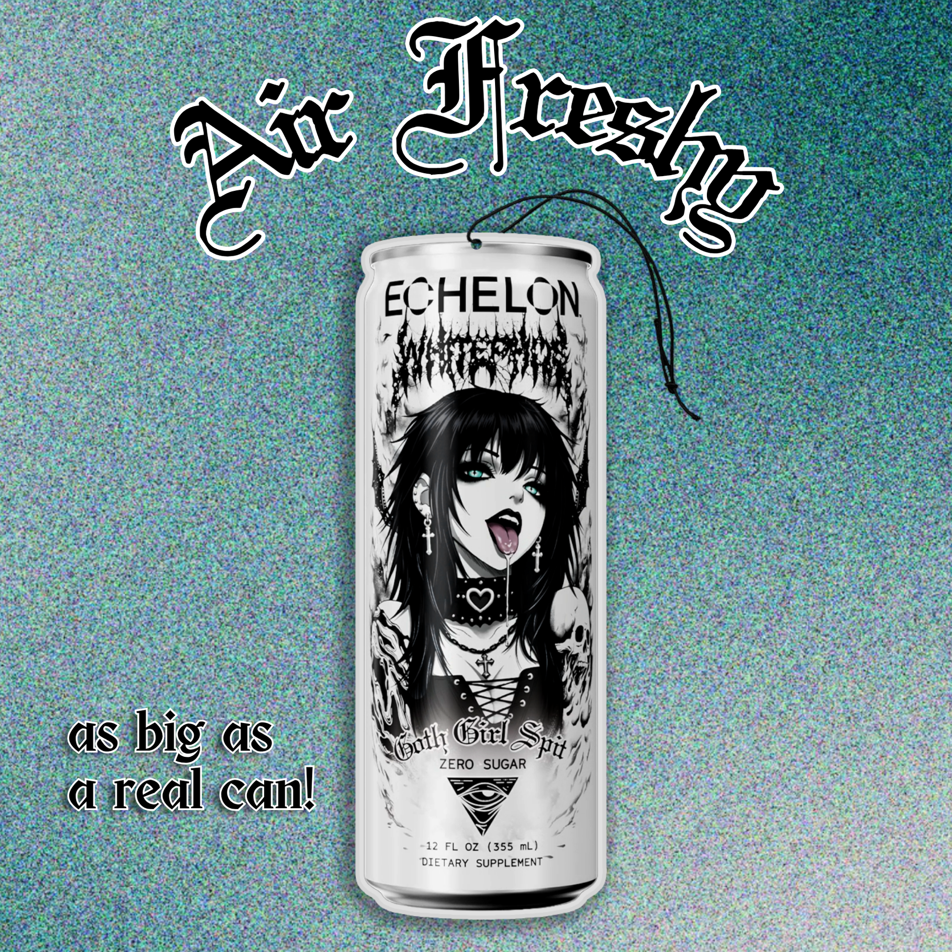 Cylindrical container with black and white graphic design on a blue background