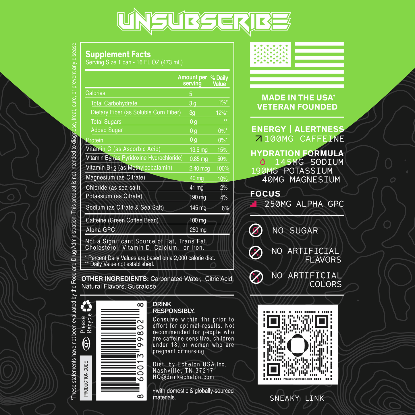 Supplement label with green and black design, featuring a QR code and text.
