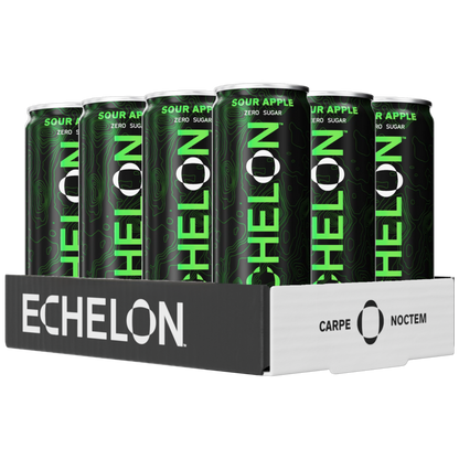 Pack of Echelon drinks in a display box with green and black design.