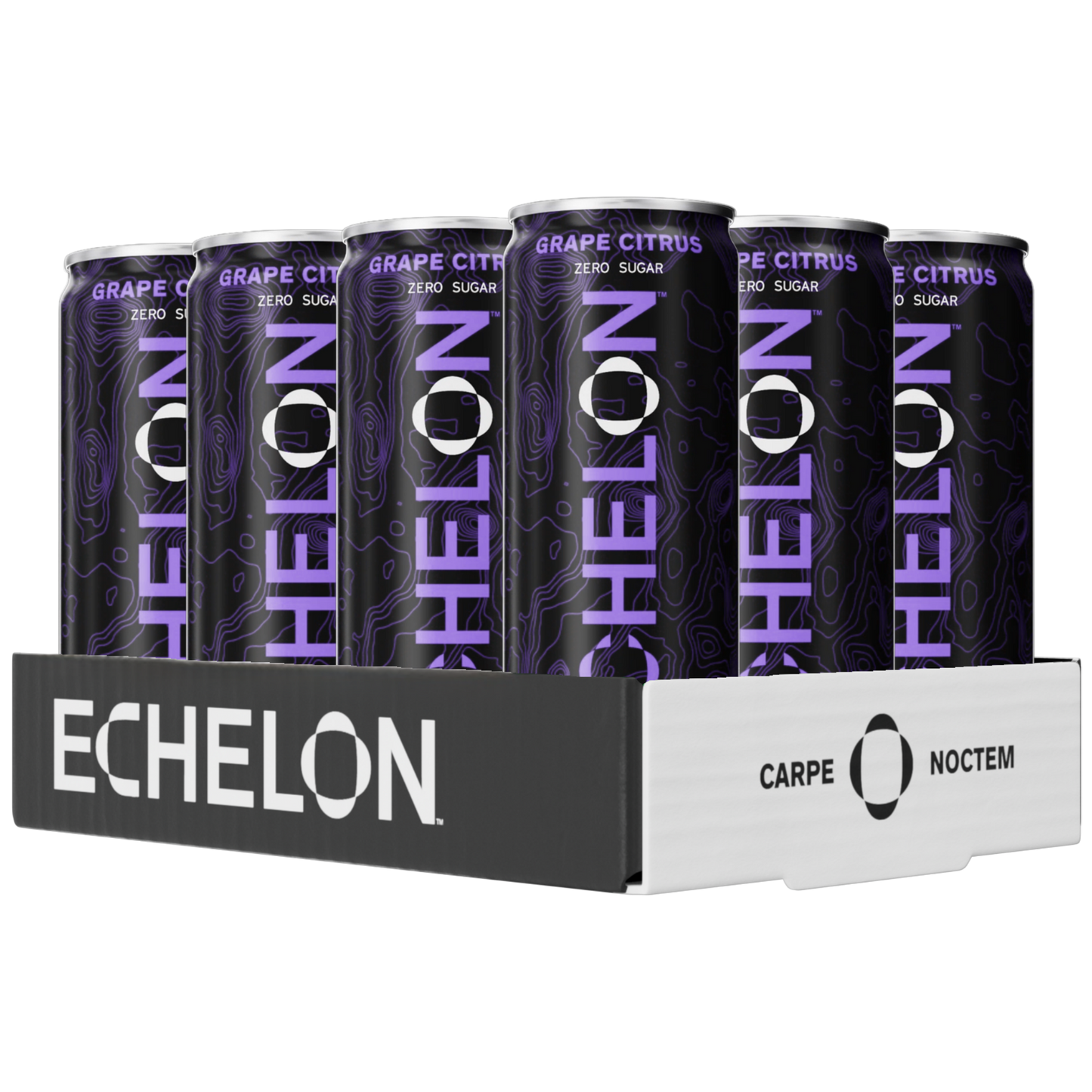 Pack of Echelon drinks in a display box with purple and black design.