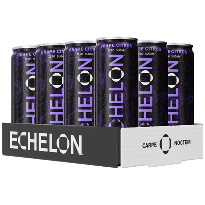Pack of Echelon drinks in a display box with purple and black design.