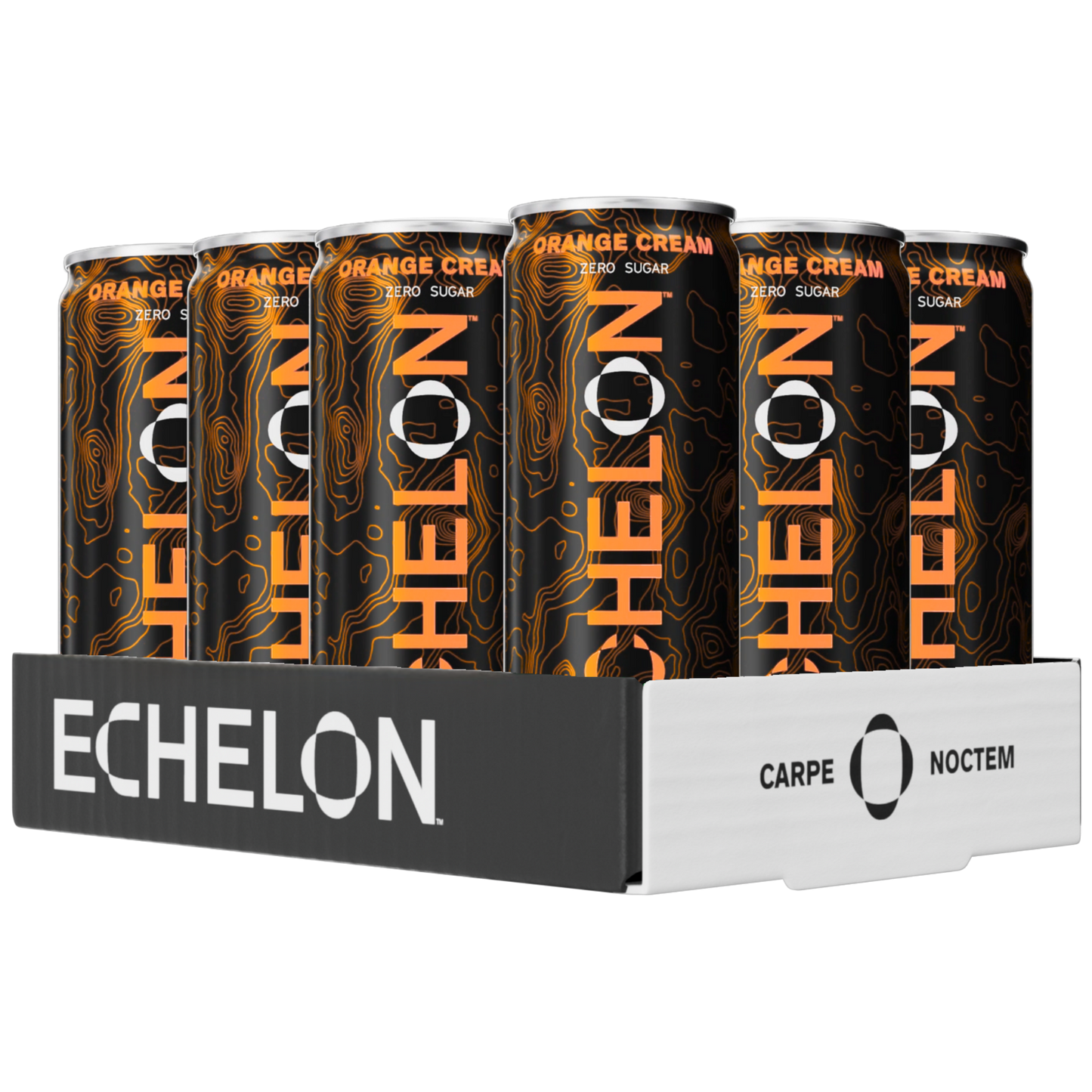 Pack of Echelon drinks in a display box with orange and black design.