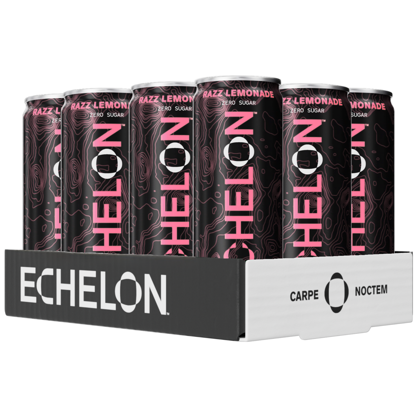 Pack of Echelon drinks in a display box with pink and black design.
