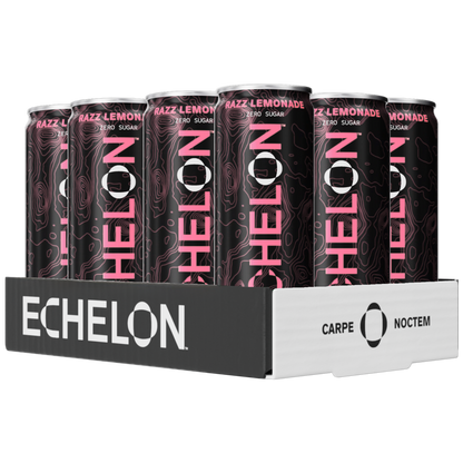 Pack of Echelon drinks in a display box with pink and black design.