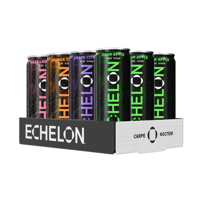 Box of Echelon energy drinks in various flavors on a white background