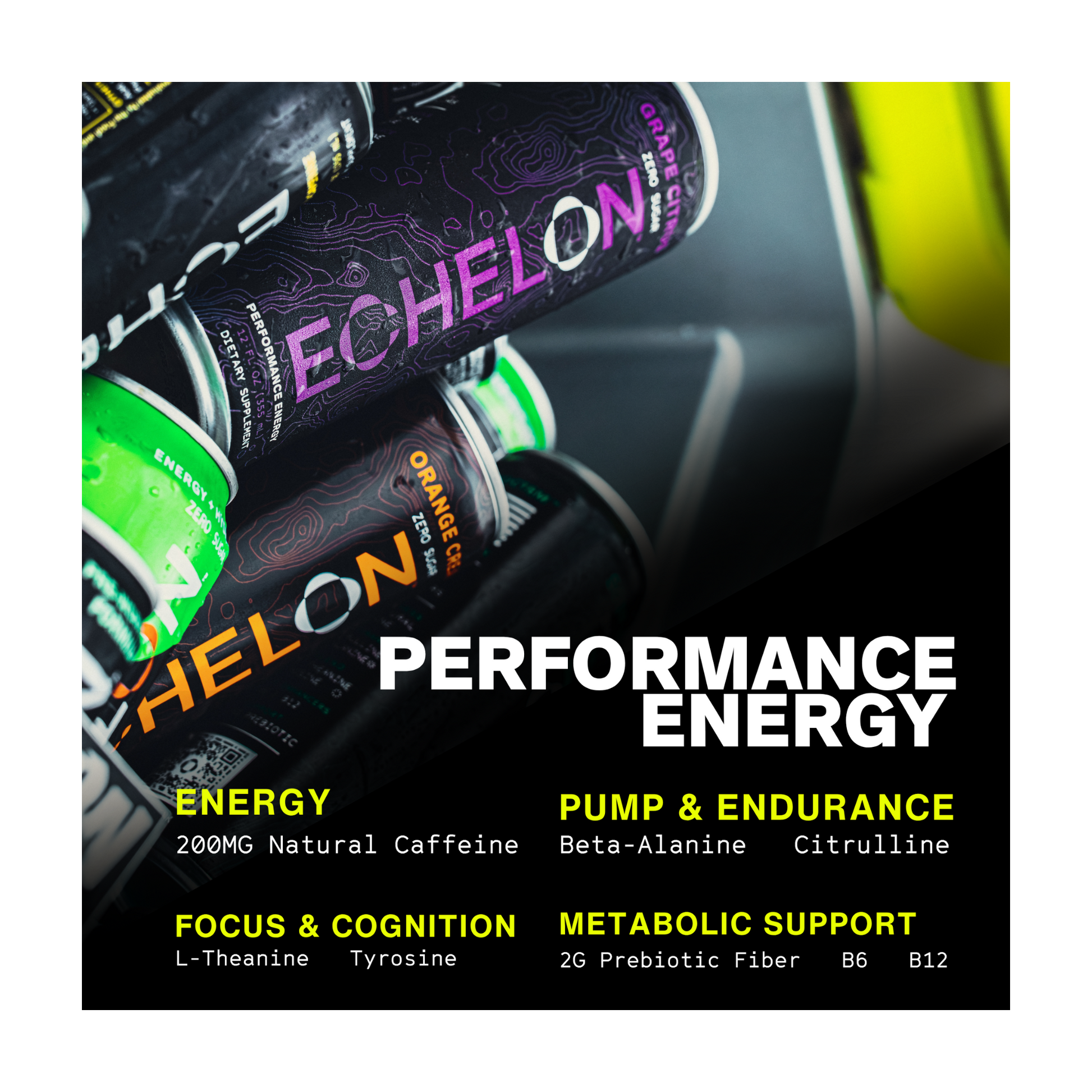 Cans of Echelon energy drink in a cooler with product features highlighted for the Performance Energy line.