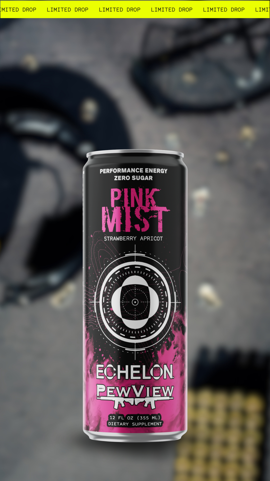 A single can of Echelon PewDiePie 'Pink Mist' performance energy drink, featuring a black and pink label with a target graphic, set against a dark, blurred background.
