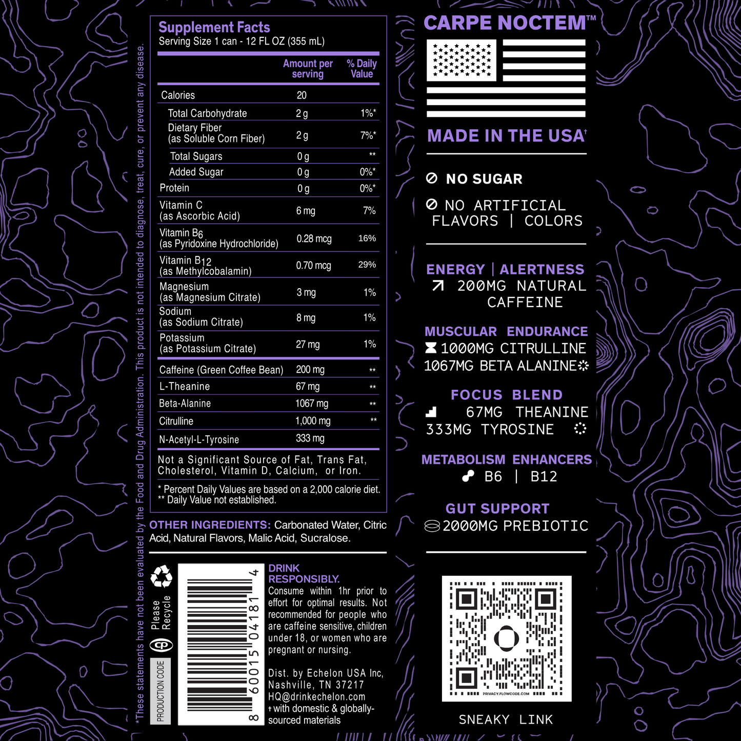 Supplement label with purple text on a black background.