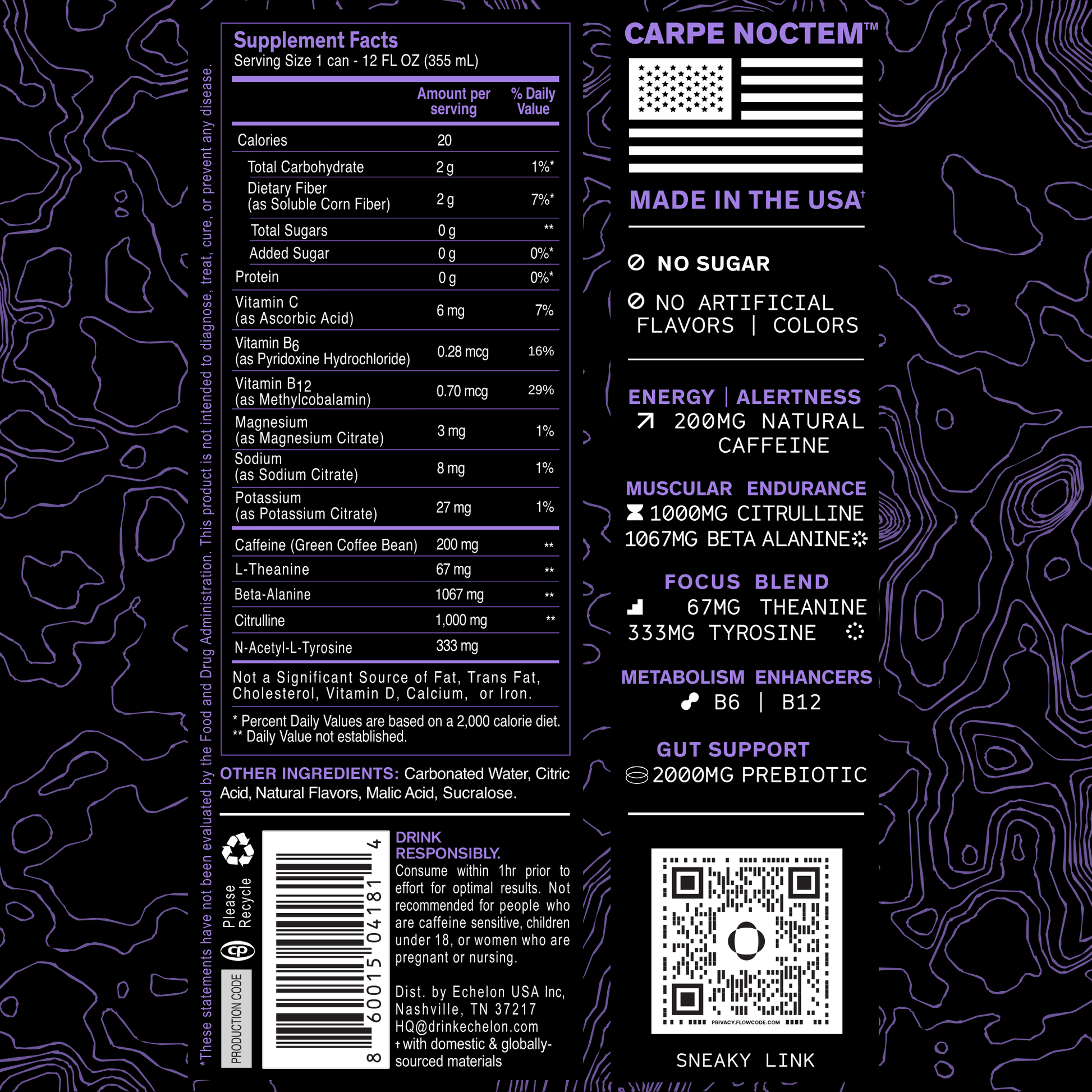 Supplement label with purple text on a black background.