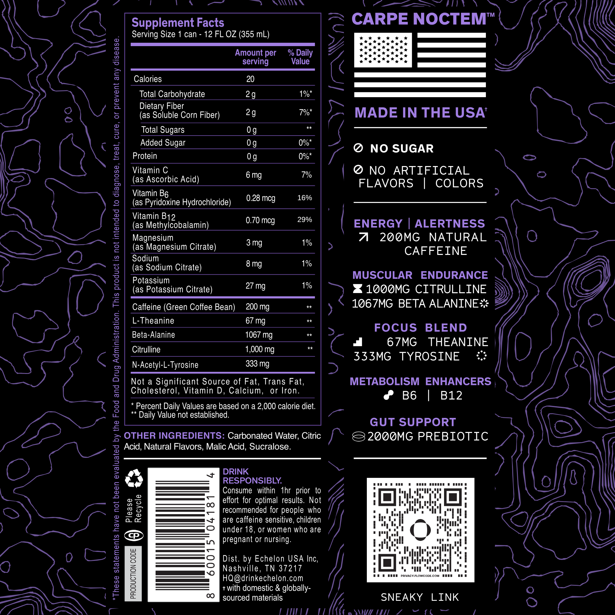 Supplement label with purple text on a black background.