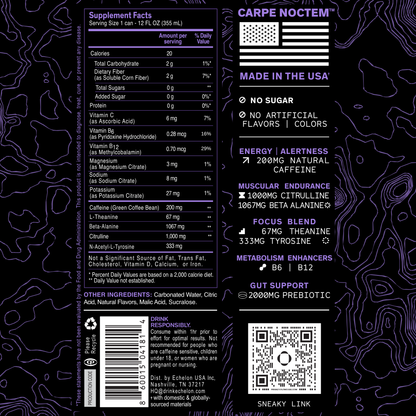 Supplement label with purple text on a black background.