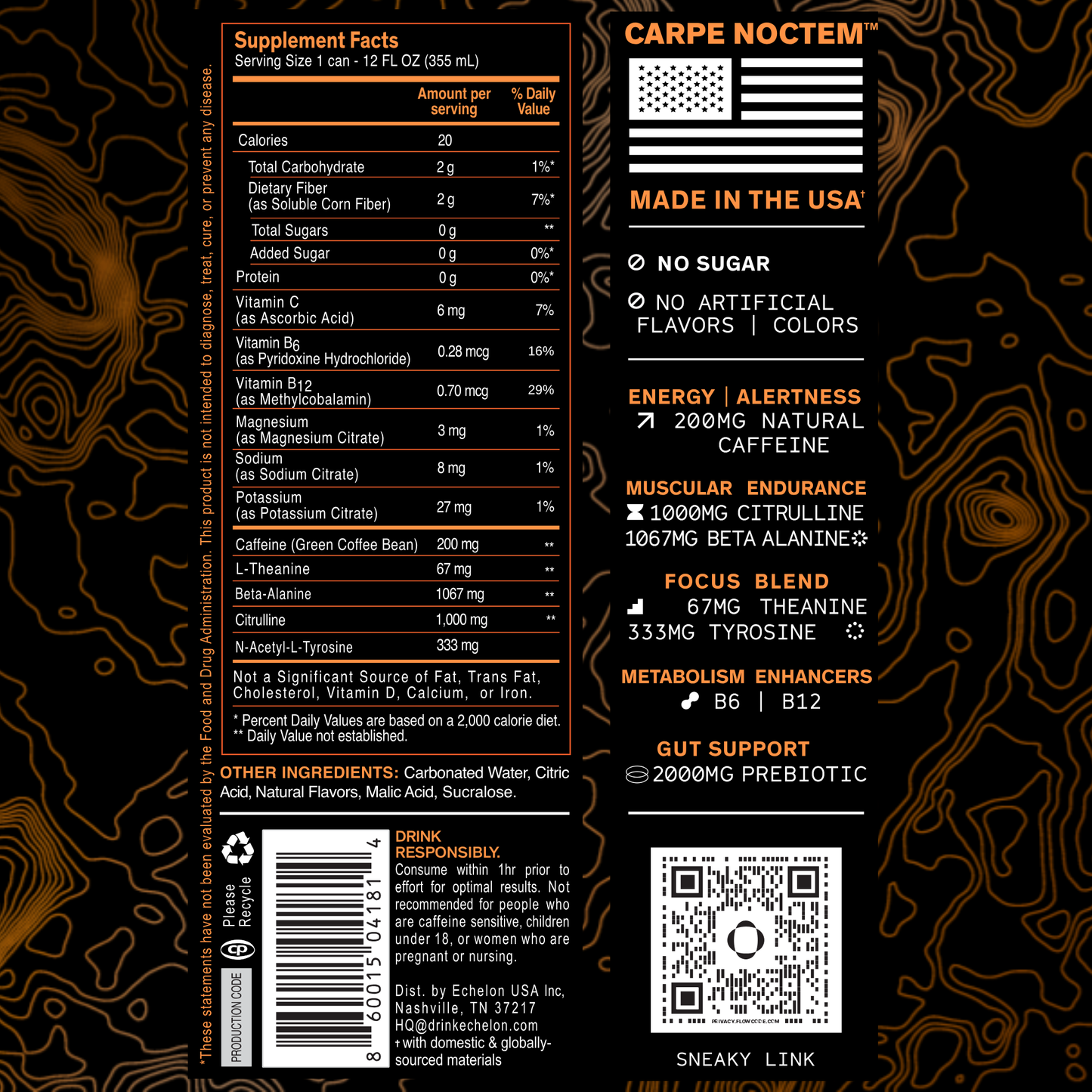 Supplement label with orange text on a black background.