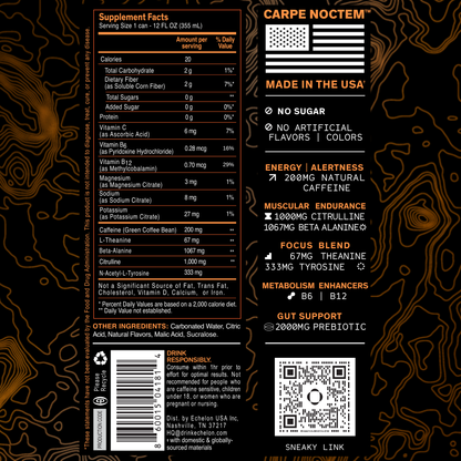 Supplement label with orange text on a black background.