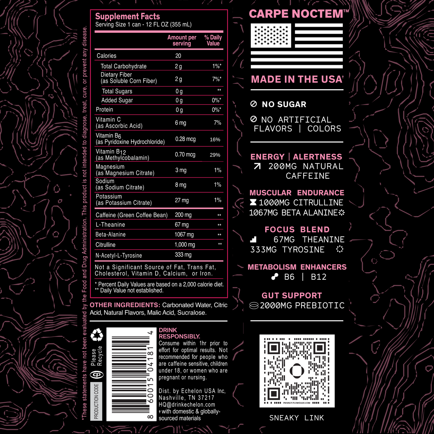 Supplement label with pink text on a black background.