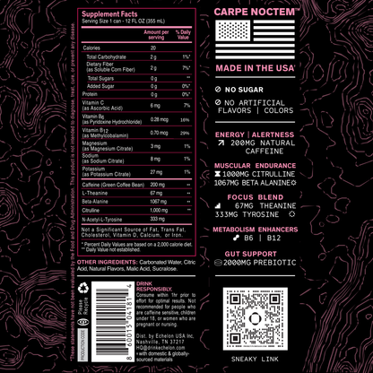 Supplement label with pink text on a black background.