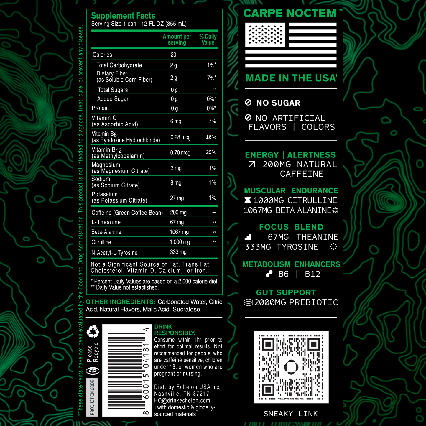 Supplement label with green text on a black background.