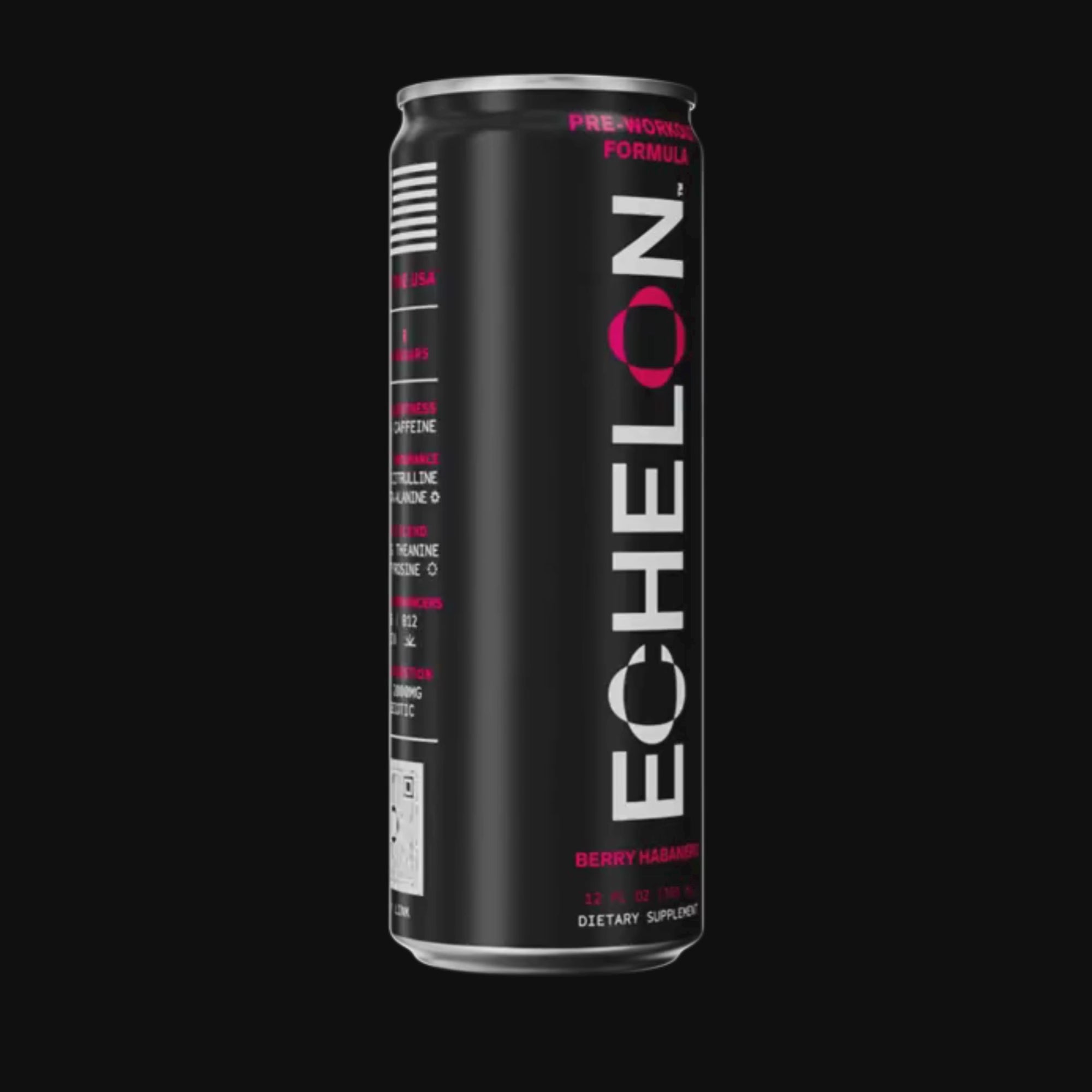 A can of Echelon Berry Habanero energy drink spins on a black background.