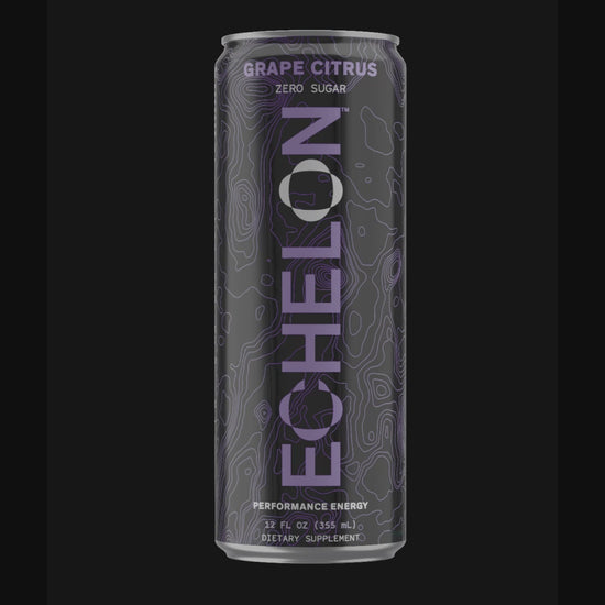 A can of Echelon Grape Citrus energy drink spins on a black background.