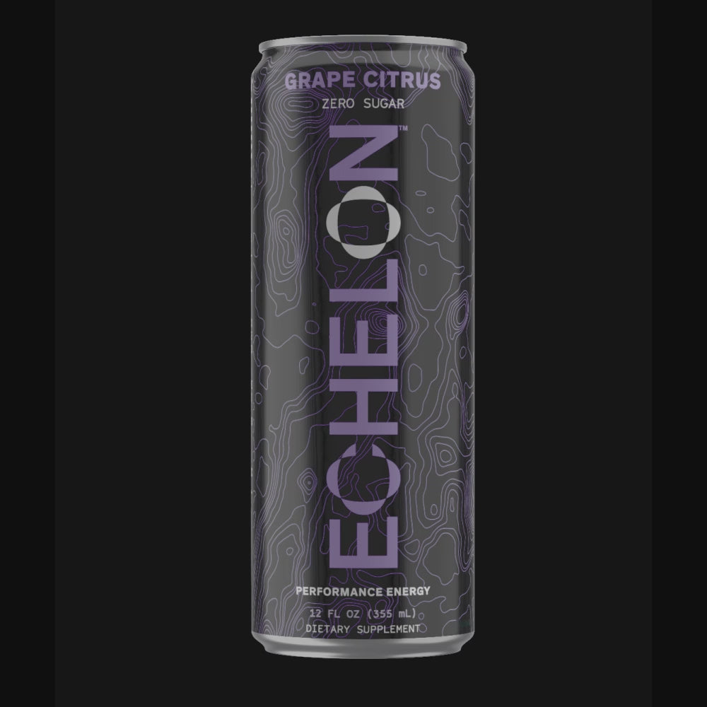 A can of Echelon Grape Citrus energy drink spins on a black background.