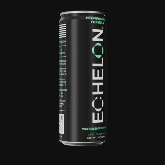 A can of Echelon Watermelon Thai Chili energy drink spins on a black background.
