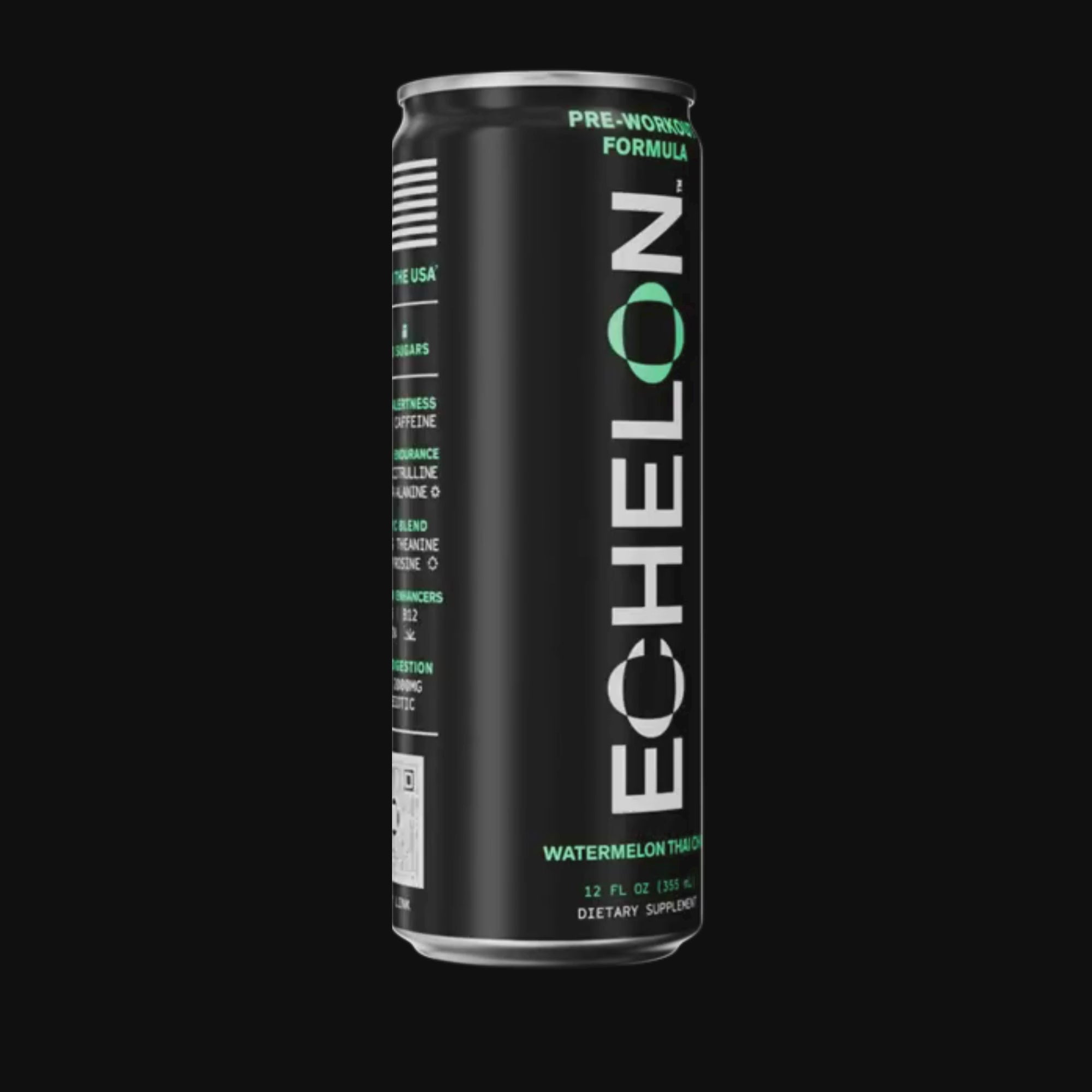 A can of Echelon Watermelon Thai Chili energy drink spins on a black background.