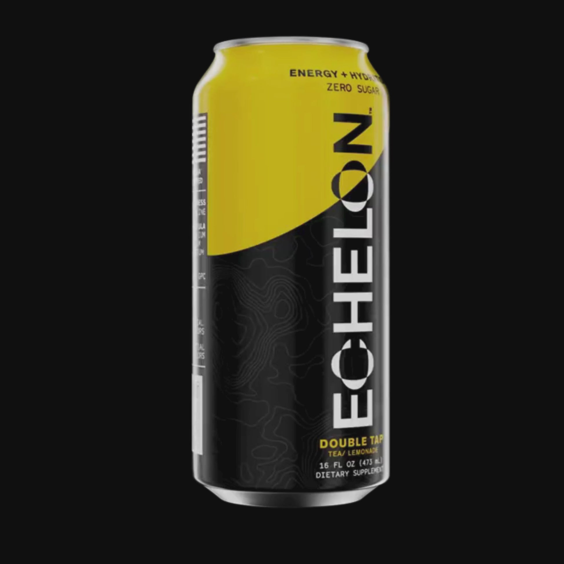 A can of Echelon Double Tap energy drink spins on a black background.