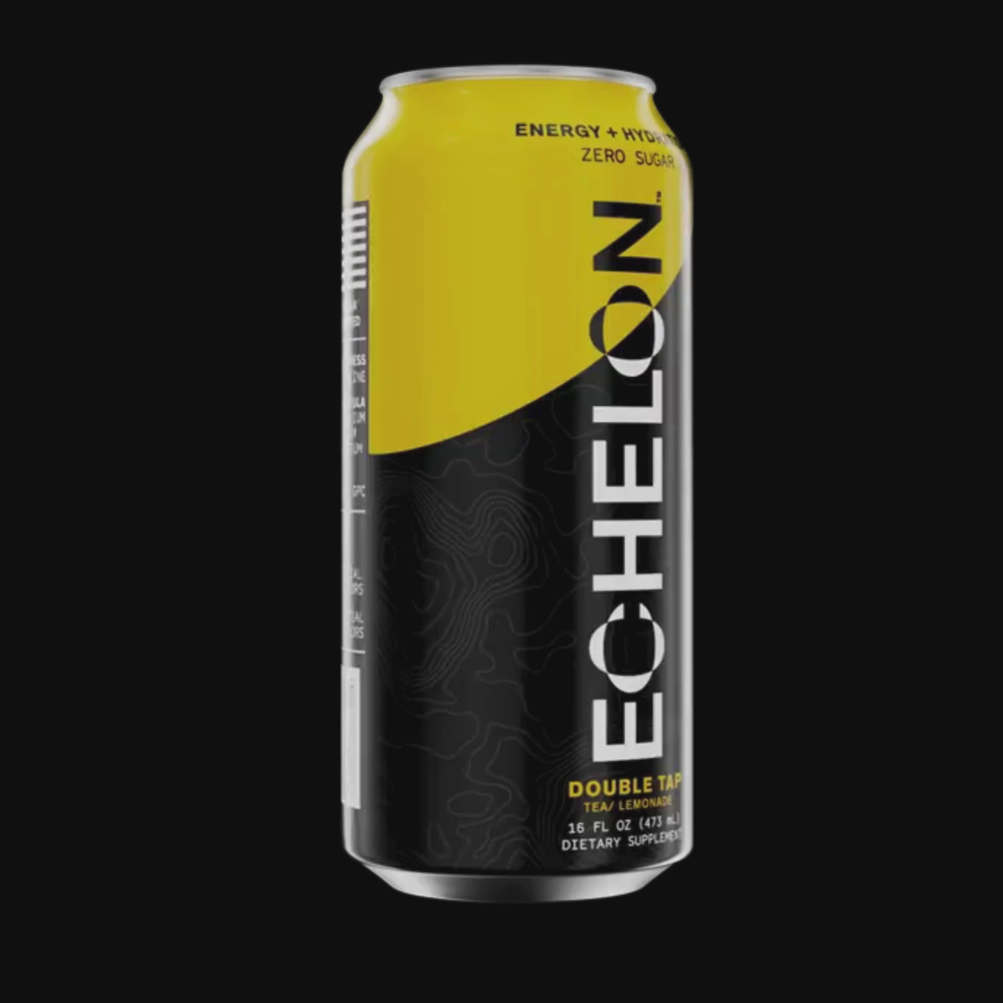 A can of Echelon Double Tap energy drink spins on a black background.