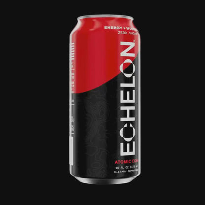 A can of Echelon Atomic Cola energy drink spins on a black background.