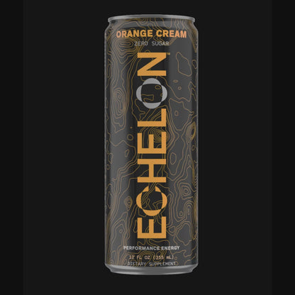A can of Echelon Orange Cream energy drink spins on a black background.