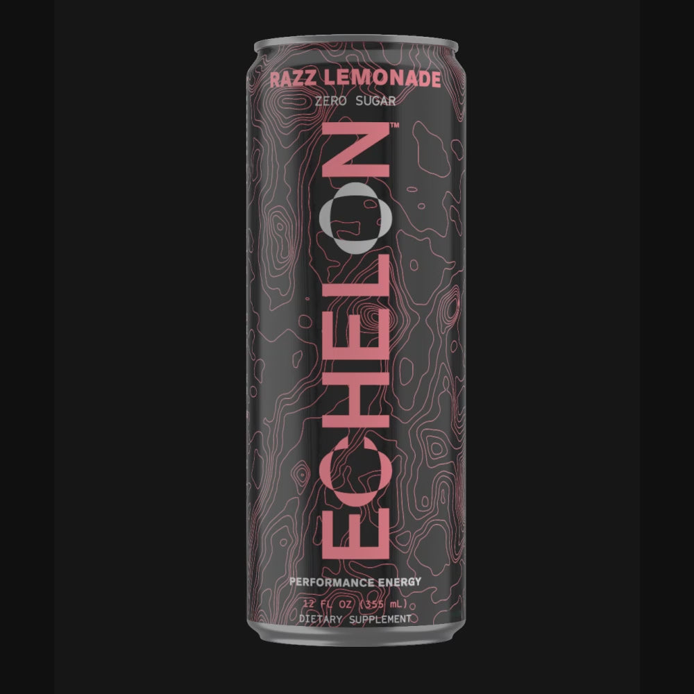 A can of Echelon Razz Lemonade energy drink spins on a black background.