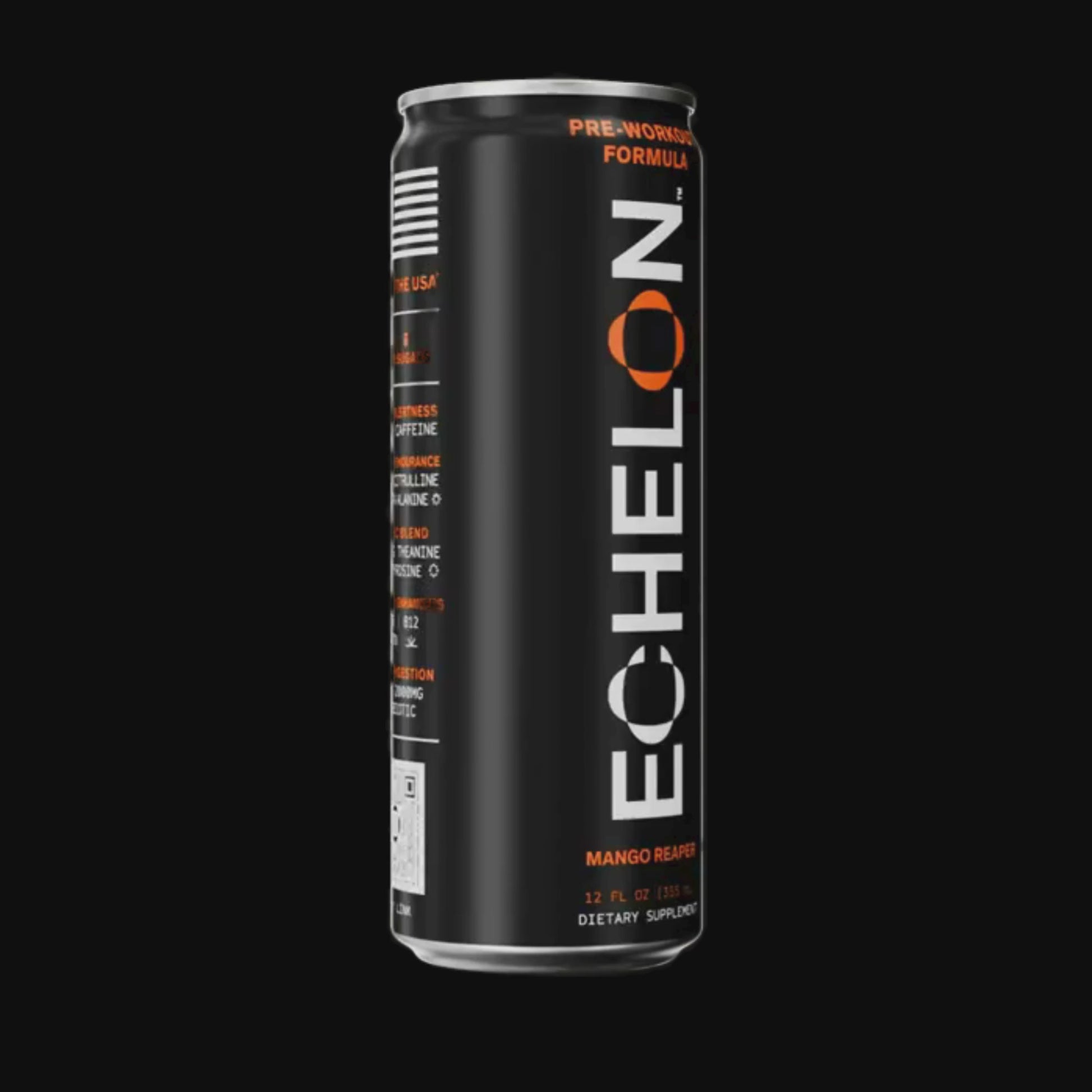 A can of Echelon Mango Reaper energy drink spins on a black background.