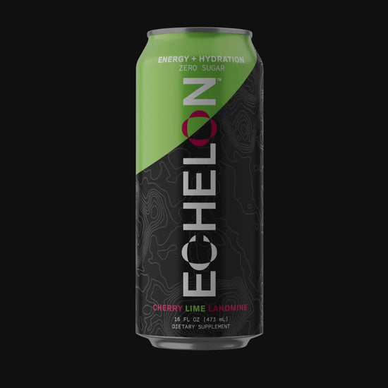 A can of Echelon Cherry Lime Landmine energy drink spins on a black background.