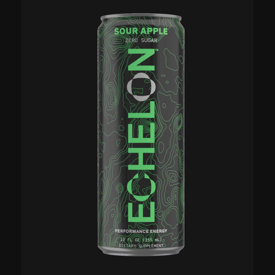 A can of Echelon Sour Apple energy drink spins on a black background.