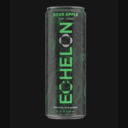 A can of Echelon Sour Apple energy drink spins on a black background.