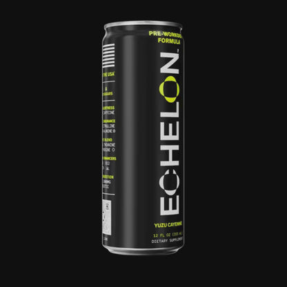 A can of Echelon Yuzu Cayenne energy drink spins on a black background.